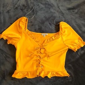 Mustard Charlotte Russe Ruffled Lace Up Crop Top